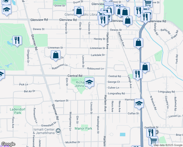 map of restaurants, bars, coffee shops, grocery stores, and more near 1958 Central Road in Glenview