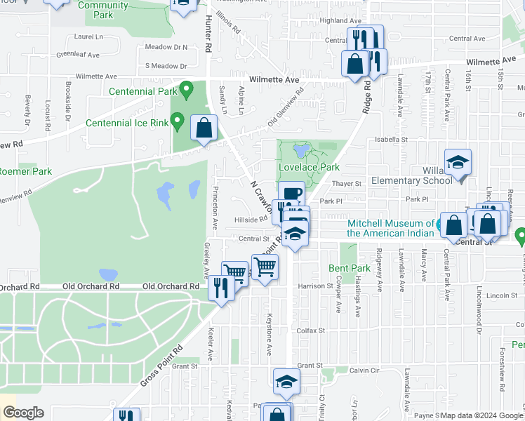 map of restaurants, bars, coffee shops, grocery stores, and more near 2652 Crawford Avenue in Evanston