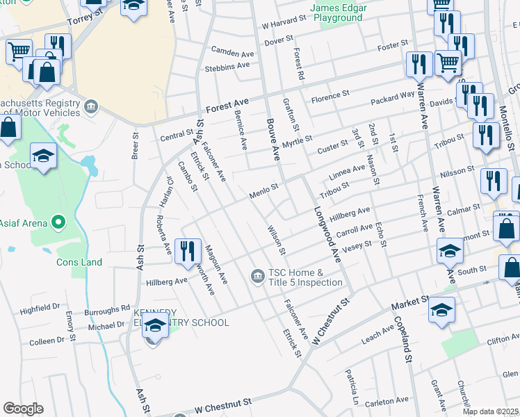 map of restaurants, bars, coffee shops, grocery stores, and more near 52 Wilson Street in Brockton