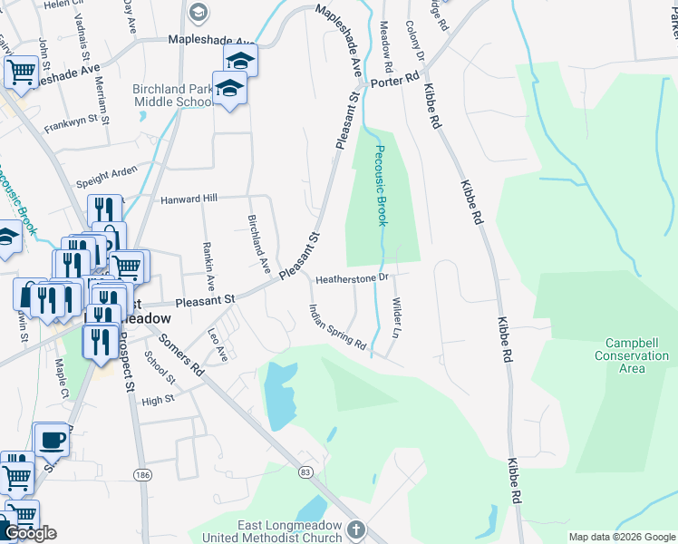map of restaurants, bars, coffee shops, grocery stores, and more near 20 Heatherstone Drive in East Longmeadow