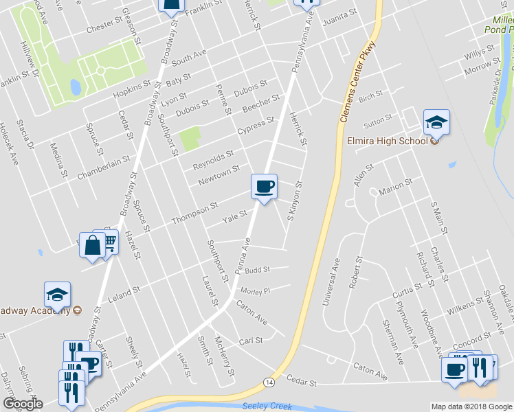 map of restaurants, bars, coffee shops, grocery stores, and more near 803 Pennsylvania Avenue in Elmira