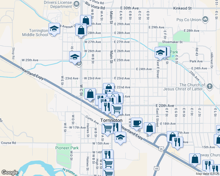 map of restaurants, bars, coffee shops, grocery stores, and more near 111 W 22nd Ave in Torrington