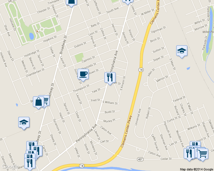 map of restaurants, bars, coffee shops, grocery stores, and more near 803 New York State Bicycle Route 14 in Elmira