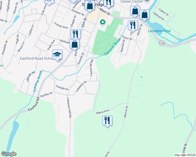 map of restaurants, bars, coffee shops, grocery stores, and more near 2 Meadowbrook Road in Southbridge