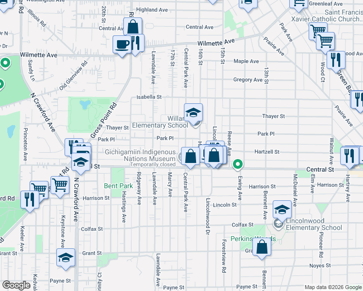 map of restaurants, bars, coffee shops, grocery stores, and more near 3012 Park Place in Evanston