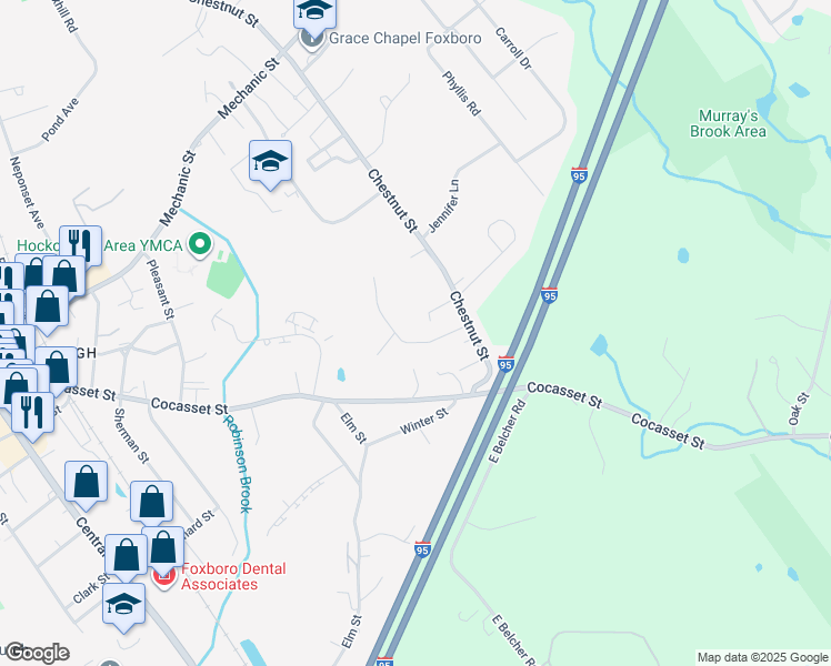 map of restaurants, bars, coffee shops, grocery stores, and more near 15 Putnam Road in Foxborough