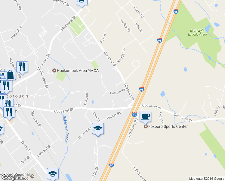 map of restaurants, bars, coffee shops, grocery stores, and more near 15 Putnam Road in Foxborough