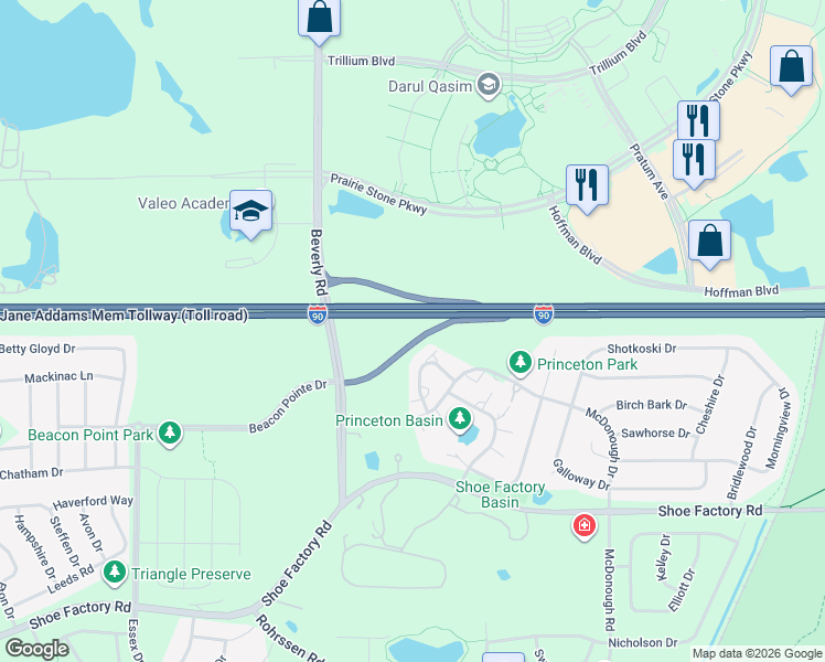 map of restaurants, bars, coffee shops, grocery stores, and more near 2050 Beverly Road in Hoffman Estates