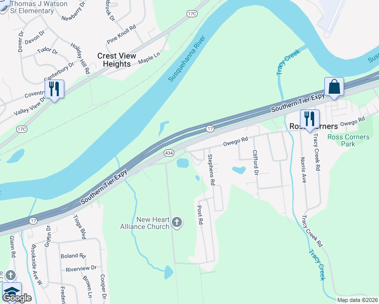 map of restaurants, bars, coffee shops, grocery stores, and more near 220 Old Owego Road in Vestal