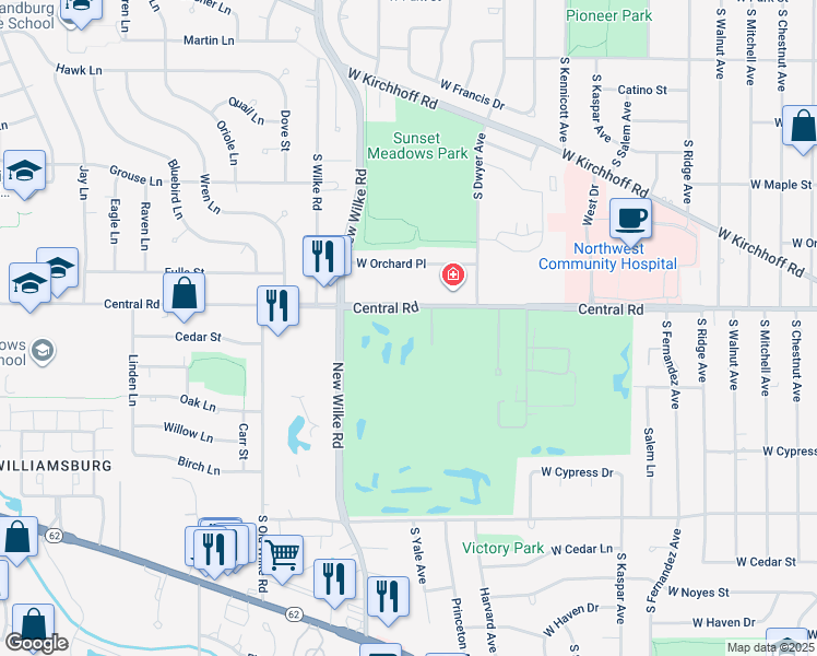 map of restaurants, bars, coffee shops, grocery stores, and more near 1700 West Central Road in Arlington Heights
