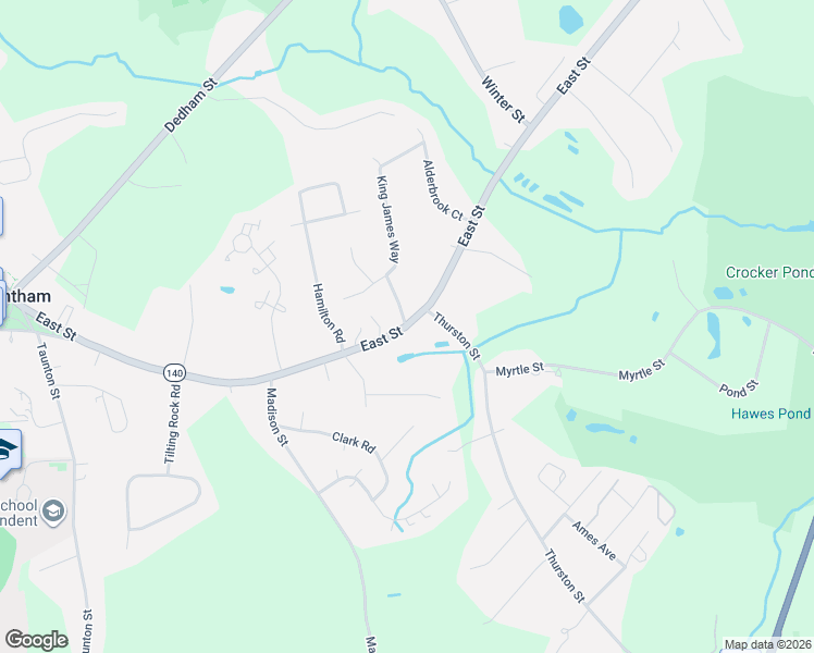 map of restaurants, bars, coffee shops, grocery stores, and more near East St & Woodland Rd in Wrentham