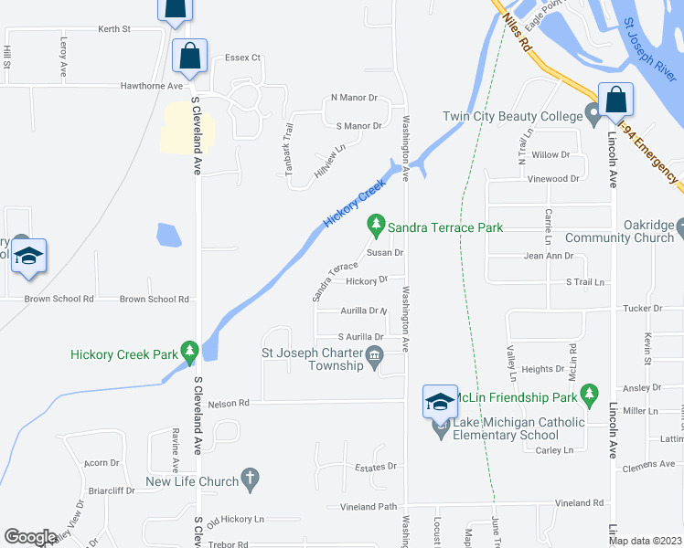 map of restaurants, bars, coffee shops, grocery stores, and more near 1429 Hickory Drive in St. Joseph