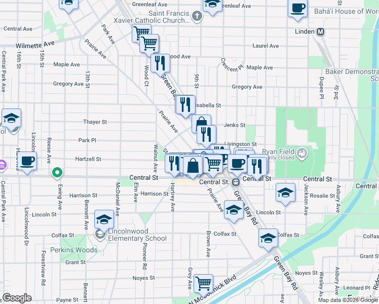 map of restaurants, bars, coffee shops, grocery stores, and more near 2666 Prairie Avenue in Evanston
