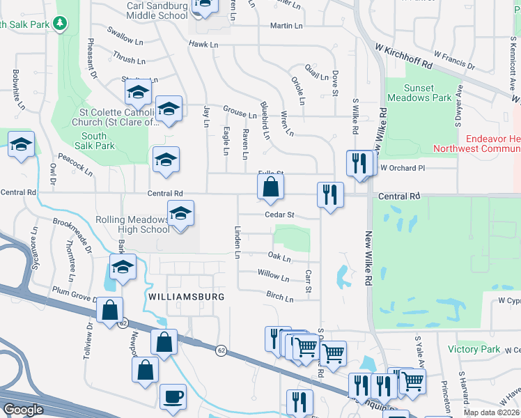 map of restaurants, bars, coffee shops, grocery stores, and more near 2404 Cedar Street in Rolling Meadows