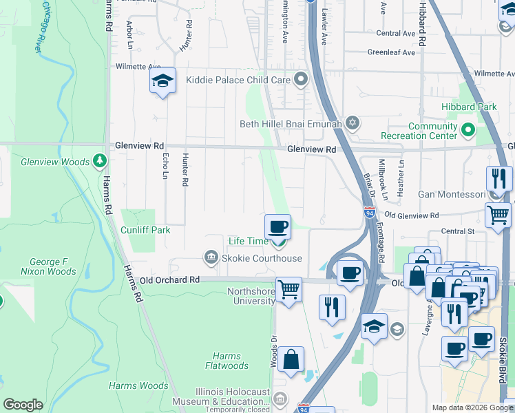 map of restaurants, bars, coffee shops, grocery stores, and more near 624 Laramie Avenue in Glenview