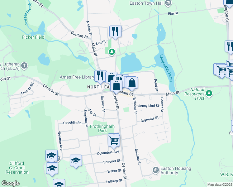 map of restaurants, bars, coffee shops, grocery stores, and more near 89 Main Street in Easton
