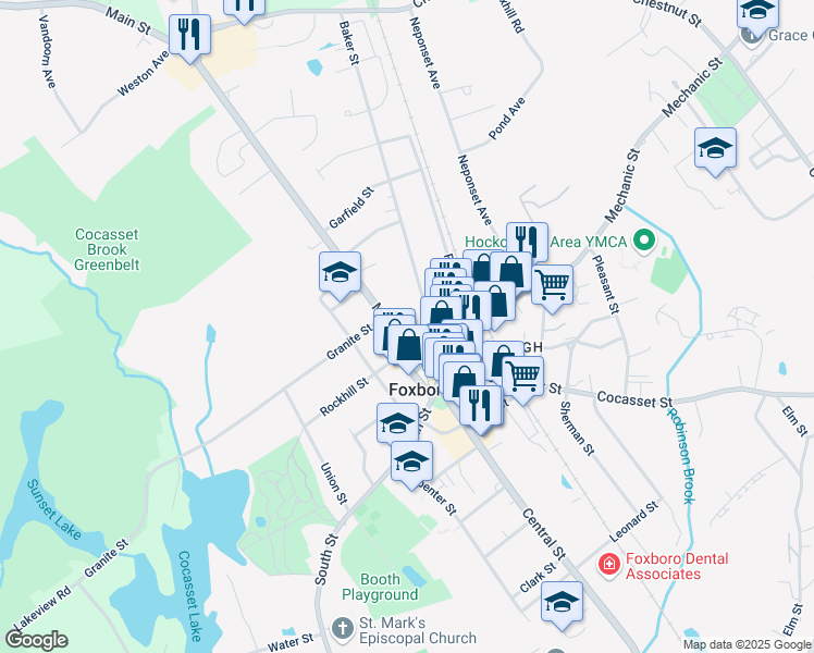 map of restaurants, bars, coffee shops, grocery stores, and more near 25 Main Street in Foxborough