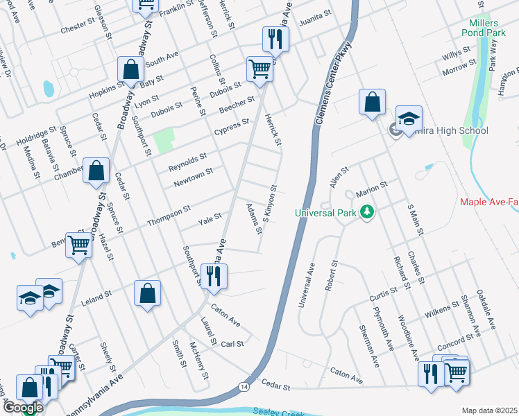 map of restaurants, bars, coffee shops, grocery stores, and more near 455 Ralph Street in Elmira
