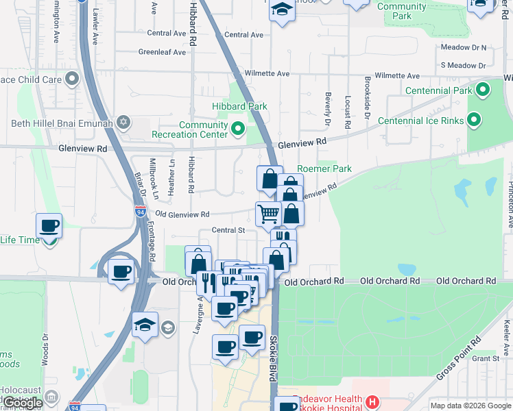 map of restaurants, bars, coffee shops, grocery stores, and more near 2928 Old Glenview Road in Wilmette