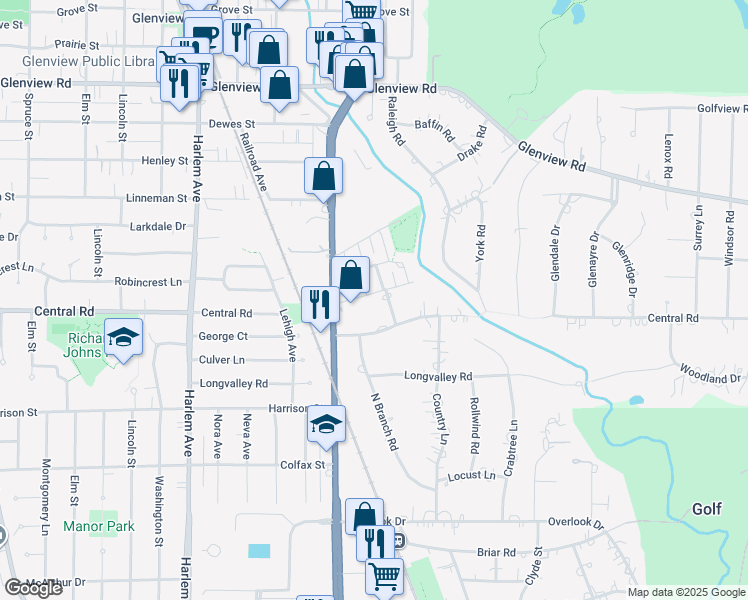 map of restaurants, bars, coffee shops, grocery stores, and more near 606 Spring Road in Glenview