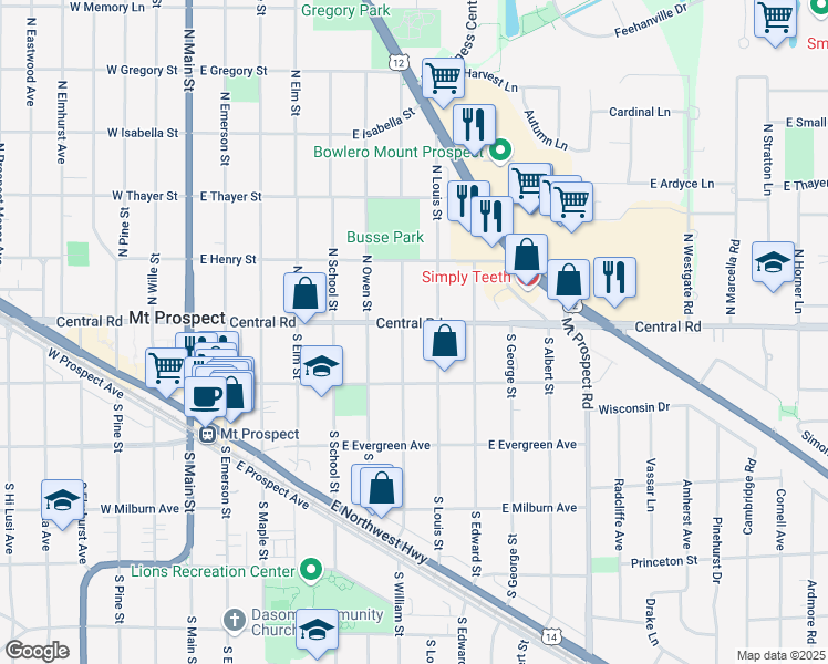 map of restaurants, bars, coffee shops, grocery stores, and more near 2 South William Street in Mount Prospect