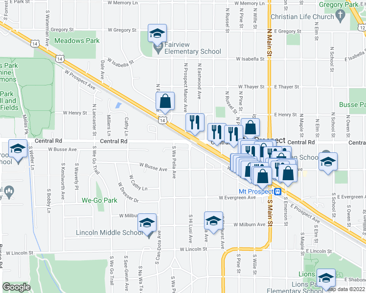 map of restaurants, bars, coffee shops, grocery stores, and more near 521 West Central Road in Mount Prospect