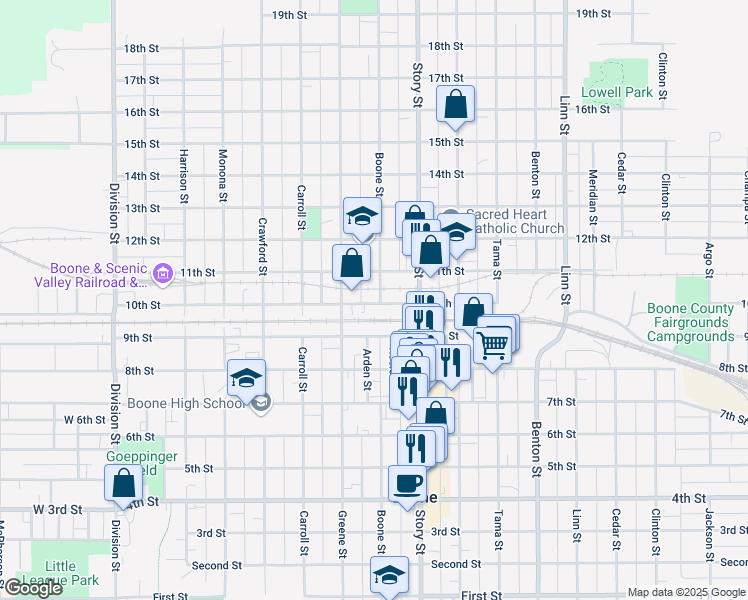 map of restaurants, bars, coffee shops, grocery stores, and more near 735 10th Street in Boone