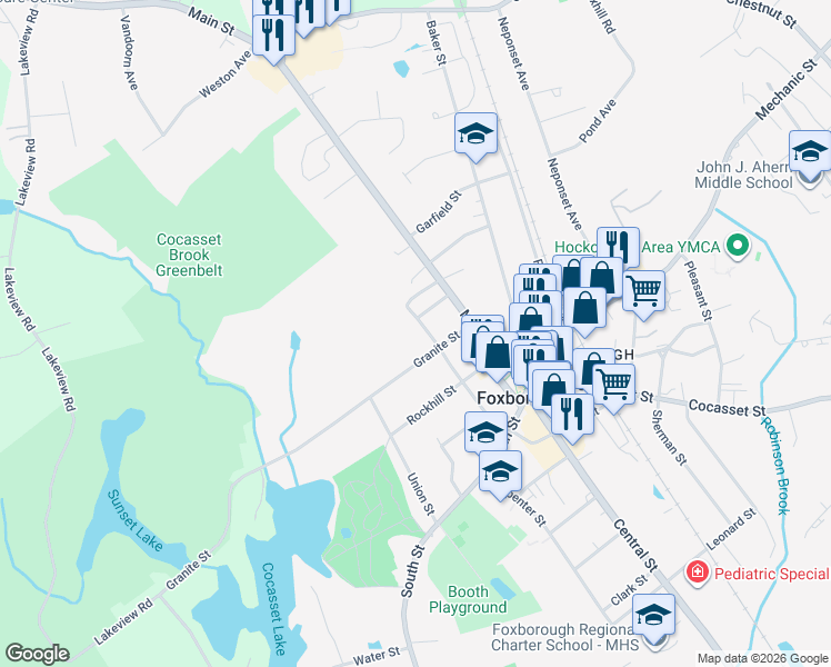 map of restaurants, bars, coffee shops, grocery stores, and more near 21 Gilmore Street in Foxborough