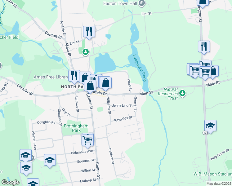 map of restaurants, bars, coffee shops, grocery stores, and more near 168 Main Street in Easton