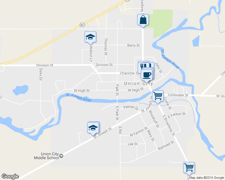 map of restaurants, bars, coffee shops, grocery stores, and more near 322 West High Street in Union City