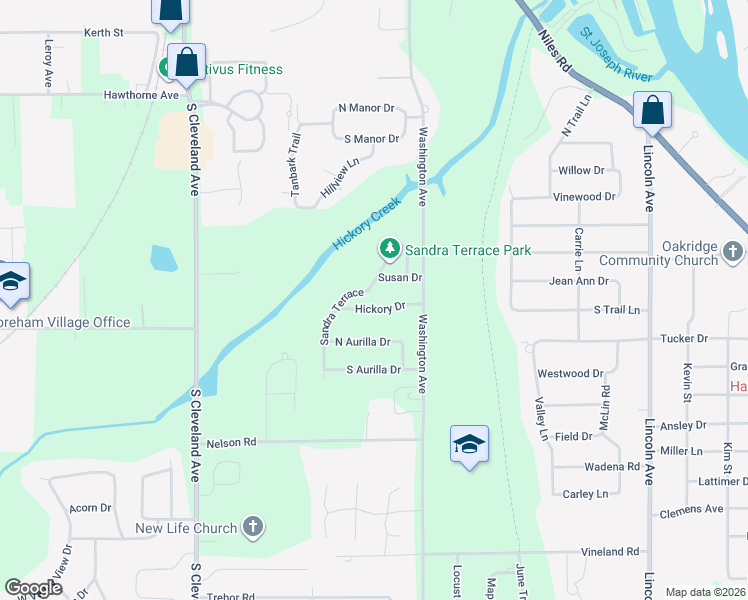map of restaurants, bars, coffee shops, grocery stores, and more near 1385 Hickory Drive in St. Joseph