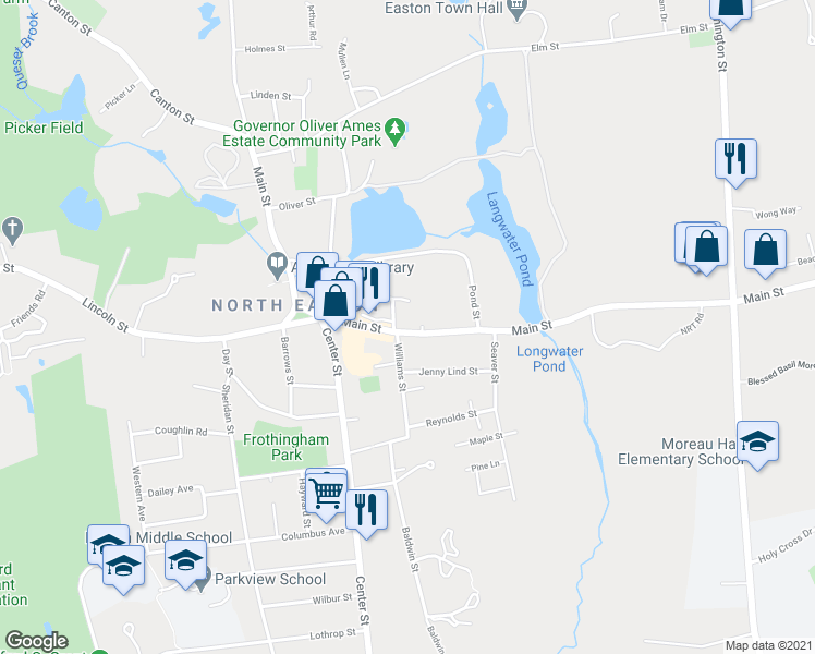 map of restaurants, bars, coffee shops, grocery stores, and more near 168 Main Street in Easton