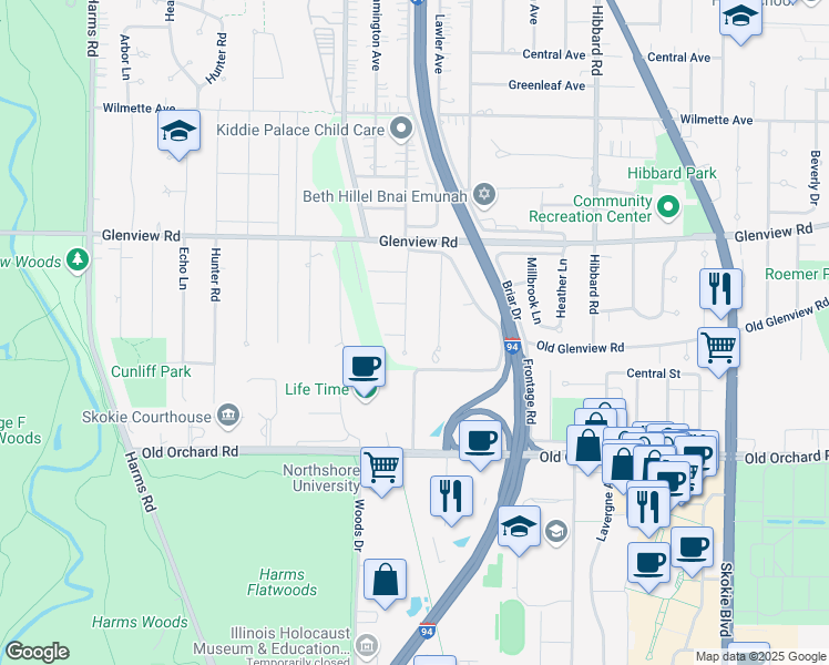 map of restaurants, bars, coffee shops, grocery stores, and more near 625 Long Road in Glenview