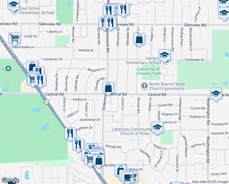 map of restaurants, bars, coffee shops, grocery stores, and more near 602 Glenshire Road in Glenview