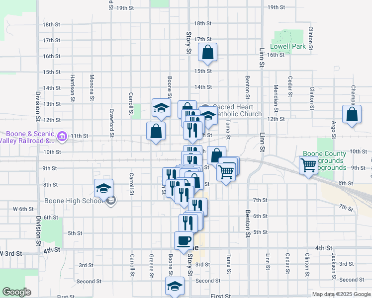 map of restaurants, bars, coffee shops, grocery stores, and more near 1001 10th Street in Boone