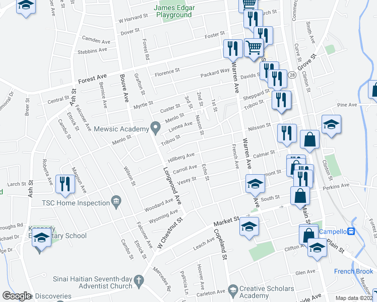 map of restaurants, bars, coffee shops, grocery stores, and more near 105 Hillberg Avenue in Brockton