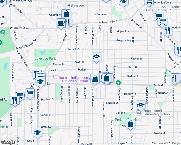 map of restaurants, bars, coffee shops, grocery stores, and more near 2640 Central Park Avenue in Evanston