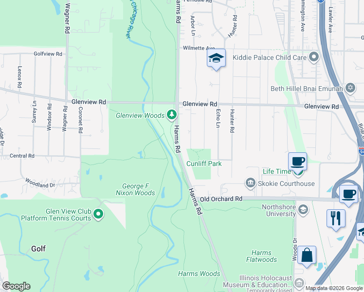 map of restaurants, bars, coffee shops, grocery stores, and more near 621 Harms Road in Glenview