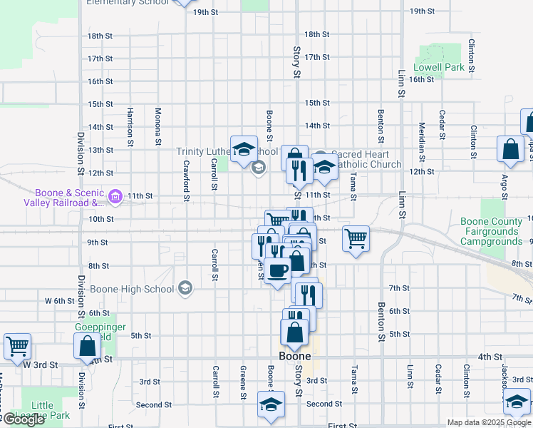 map of restaurants, bars, coffee shops, grocery stores, and more near 735 10th Street in Boone