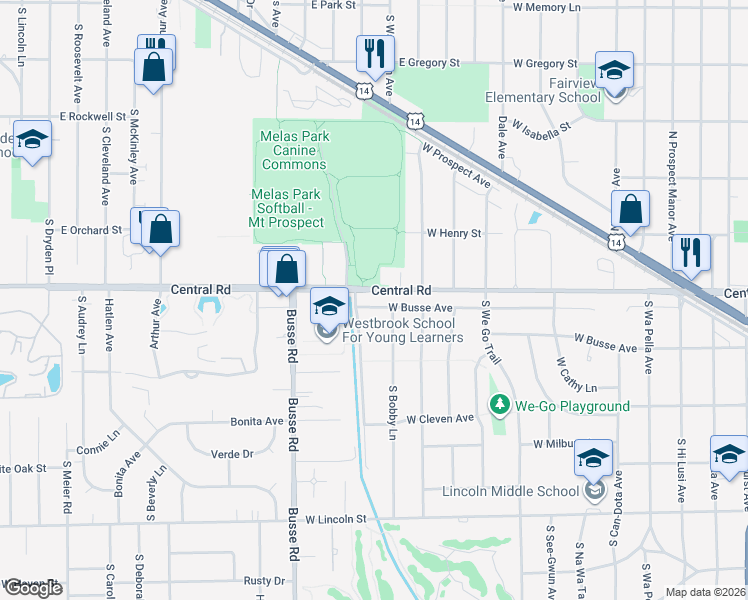 map of restaurants, bars, coffee shops, grocery stores, and more near 1404 West Busse Avenue in Mount Prospect