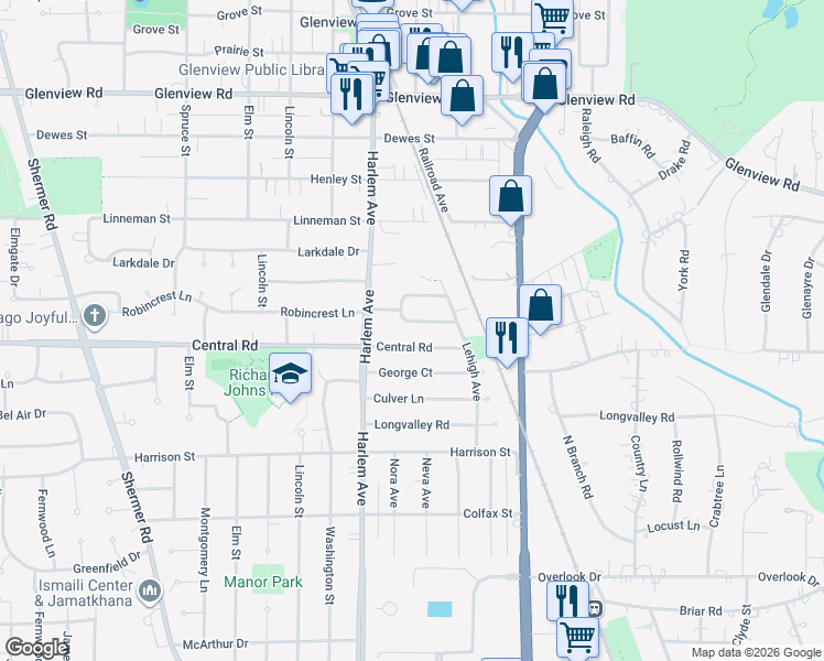 map of restaurants, bars, coffee shops, grocery stores, and more near 1811 South Robincrest Lane in Glenview