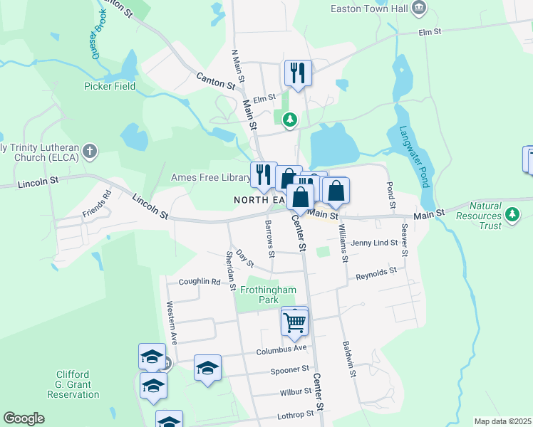 map of restaurants, bars, coffee shops, grocery stores, and more near Lincoln St & Barrows St in Easton
