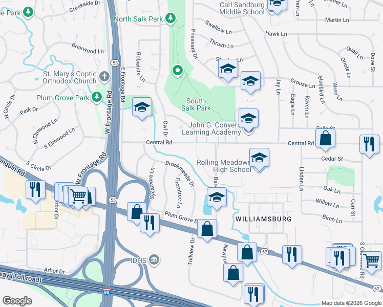 map of restaurants, bars, coffee shops, grocery stores, and more near 4303 Peacock Ln in Rolling Meadows