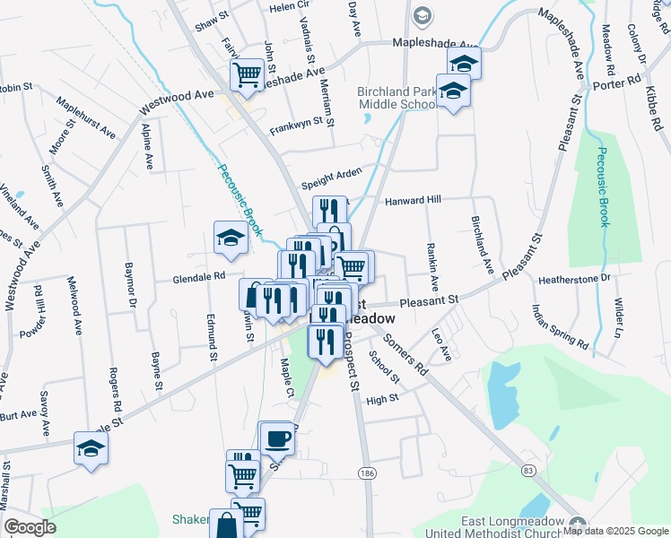 map of restaurants, bars, coffee shops, grocery stores, and more near 23 North Main Street in East Longmeadow