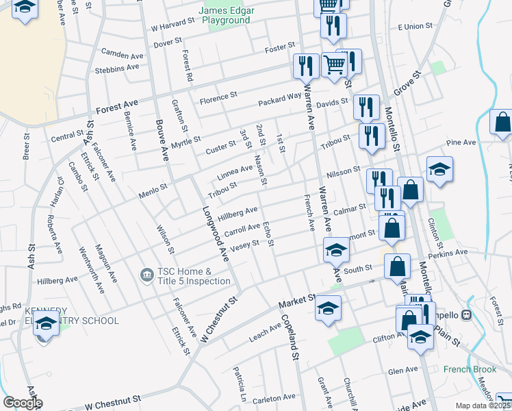 map of restaurants, bars, coffee shops, grocery stores, and more near 91 Hillberg Avenue in Brockton