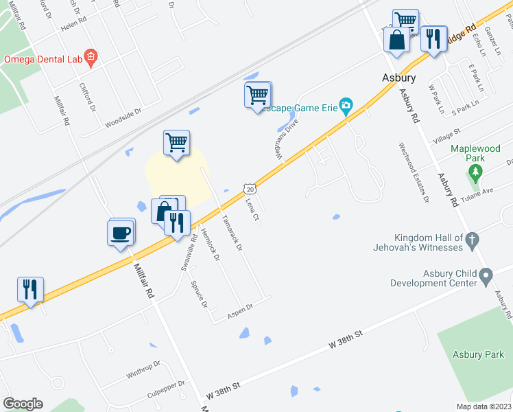 map of restaurants, bars, coffee shops, grocery stores, and more near 2932 Lena Court in Erie
