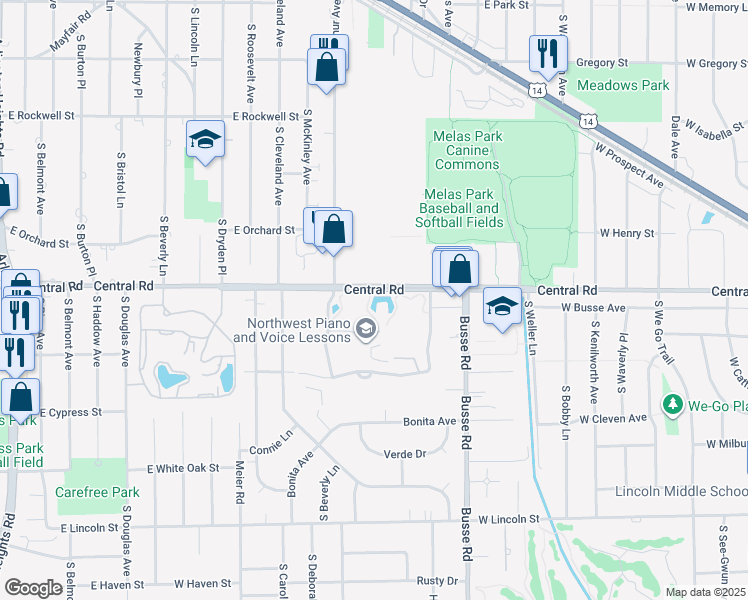 map of restaurants, bars, coffee shops, grocery stores, and more near 1551 East Central Road in Arlington Heights