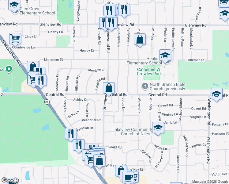 map of restaurants, bars, coffee shops, grocery stores, and more near 602 Glenshire Road in Glenview