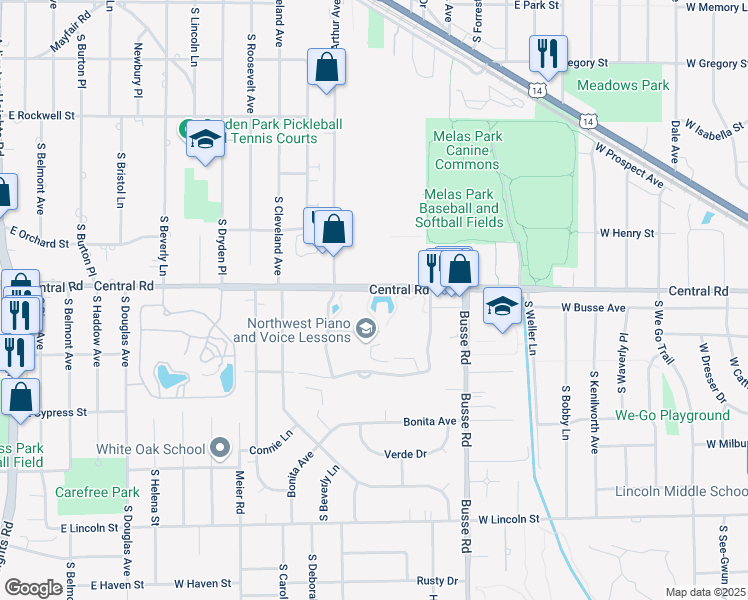 map of restaurants, bars, coffee shops, grocery stores, and more near 1551 East Central Road in Arlington Heights