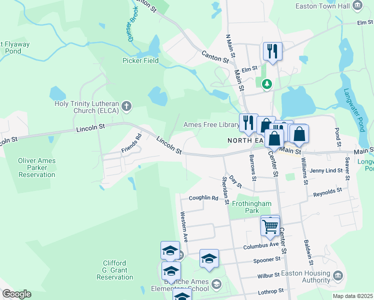 map of restaurants, bars, coffee shops, grocery stores, and more near 89 Lincoln Street in Easton